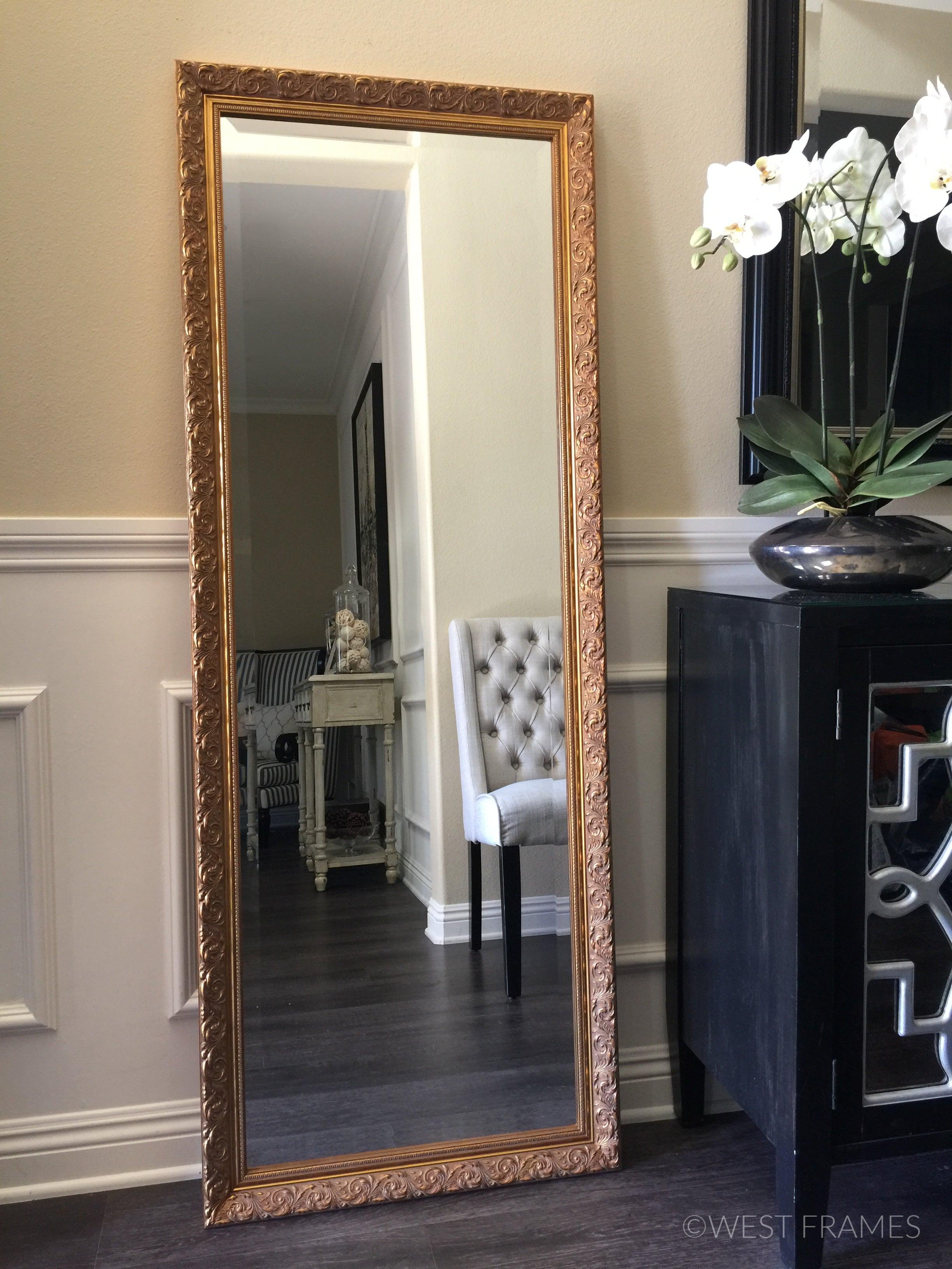 Bella French Ornate Embossed Wood Antique Gold Framed Leaner Floor Mirror - West Frames