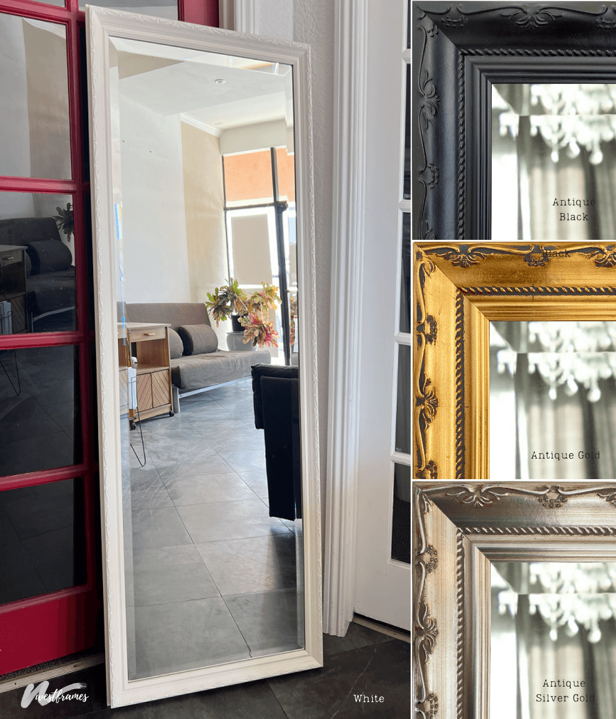 Camilla French Ornate Wood Framed Leaner Floor Mirror - West Frames