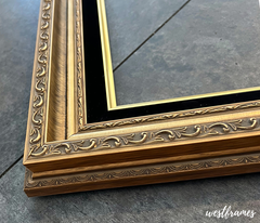 Adela Antique Gold Ornate Wood Picture Frame with Black Linen Liner - West Frames