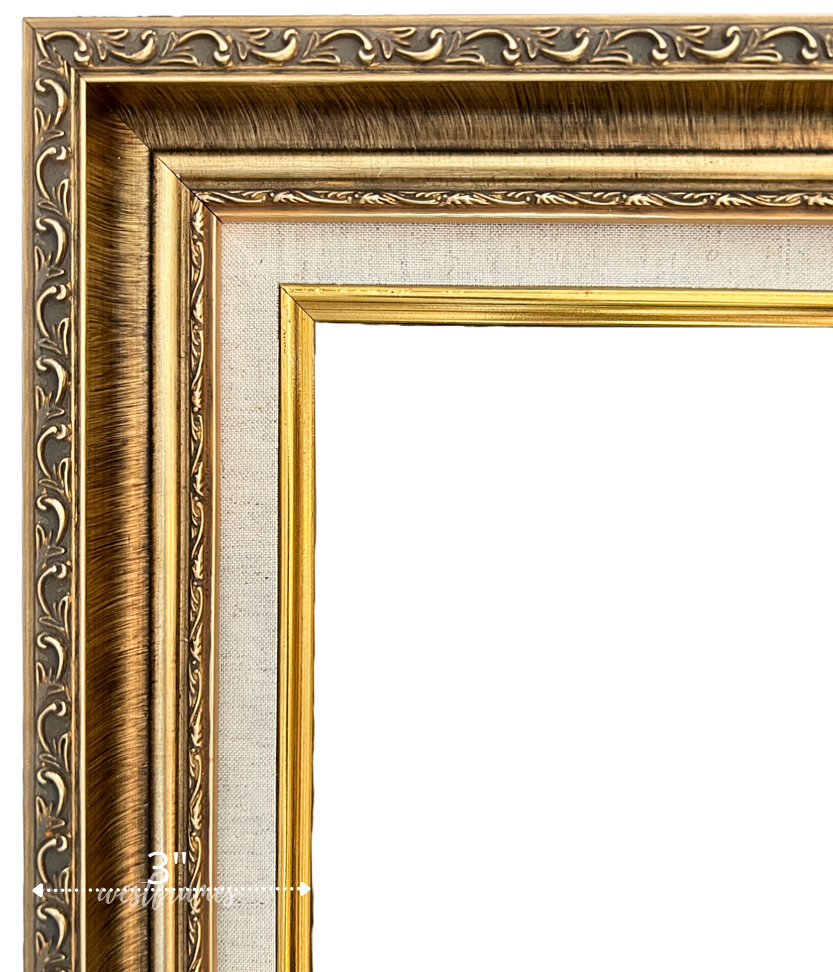 Adela Antique Gold Ornate Wood Picture Frame with Natural Linen Liner - West Frames