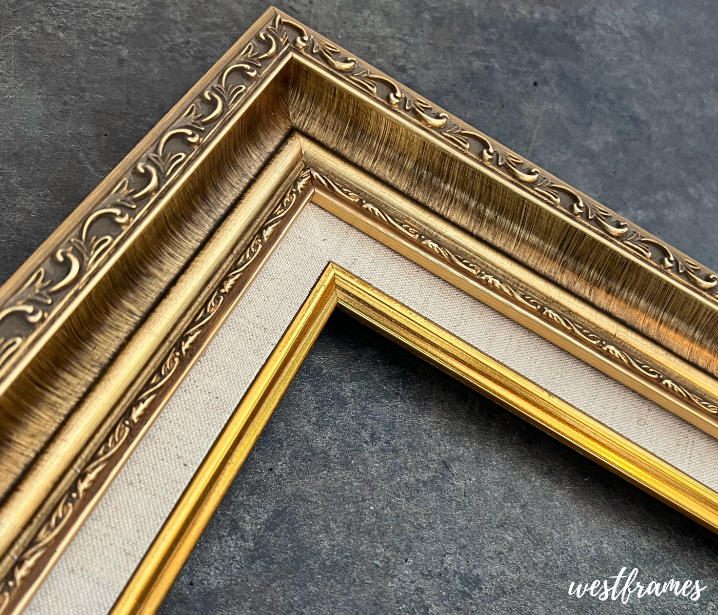 Adela Antique Gold Ornate Wood Picture Frame with Natural Linen Liner - West Frames