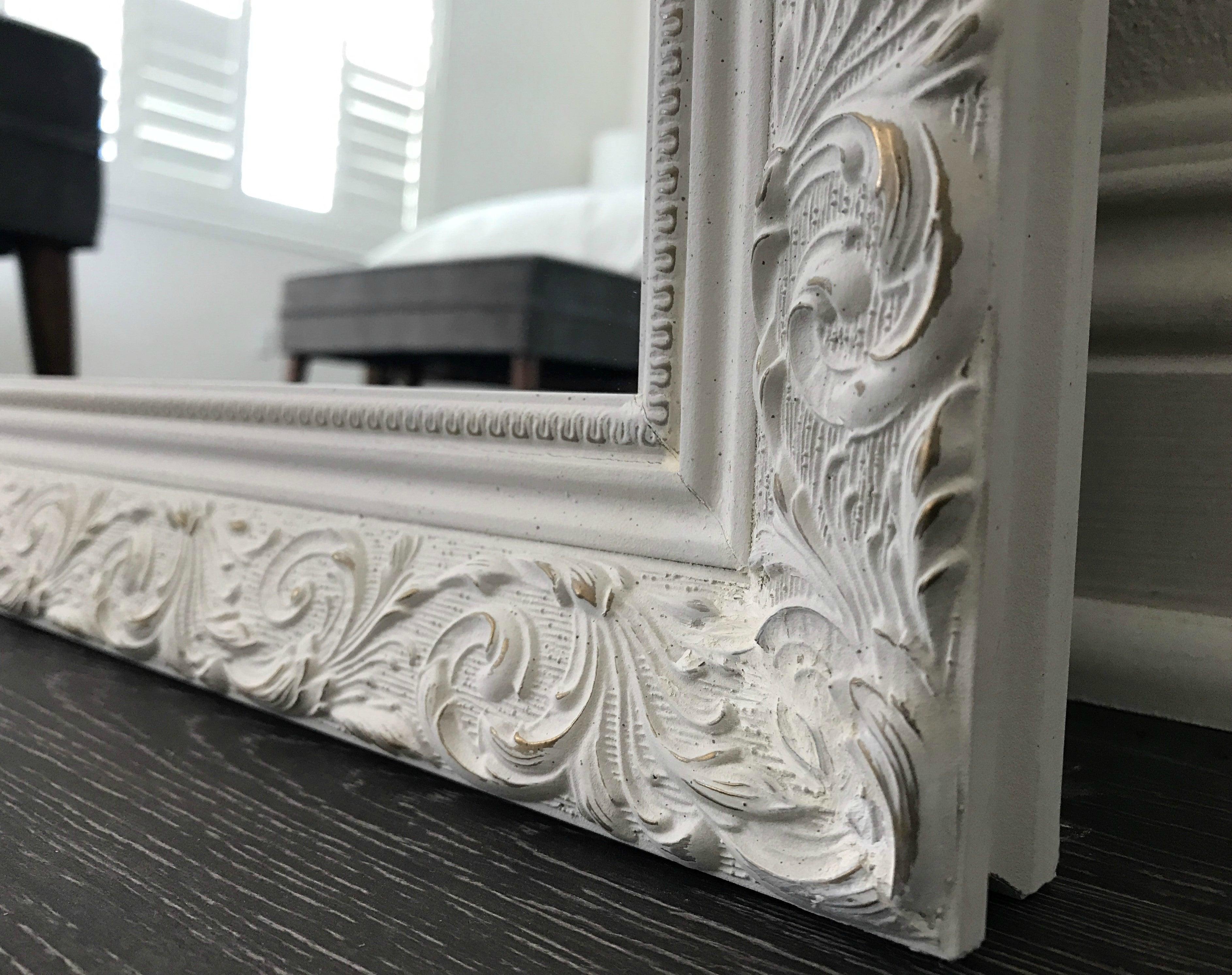 Bella French Ornate Embossed Antique White Wood Framed Floor Mirror - West Frames