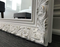 Bella French Ornate Embossed Antique White Wood Framed Floor Mirror - West Frames