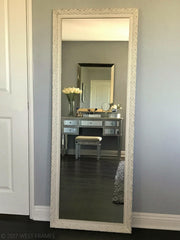 Bella French Ornate Embossed Antique White Wood Framed Floor Mirror - West Frames