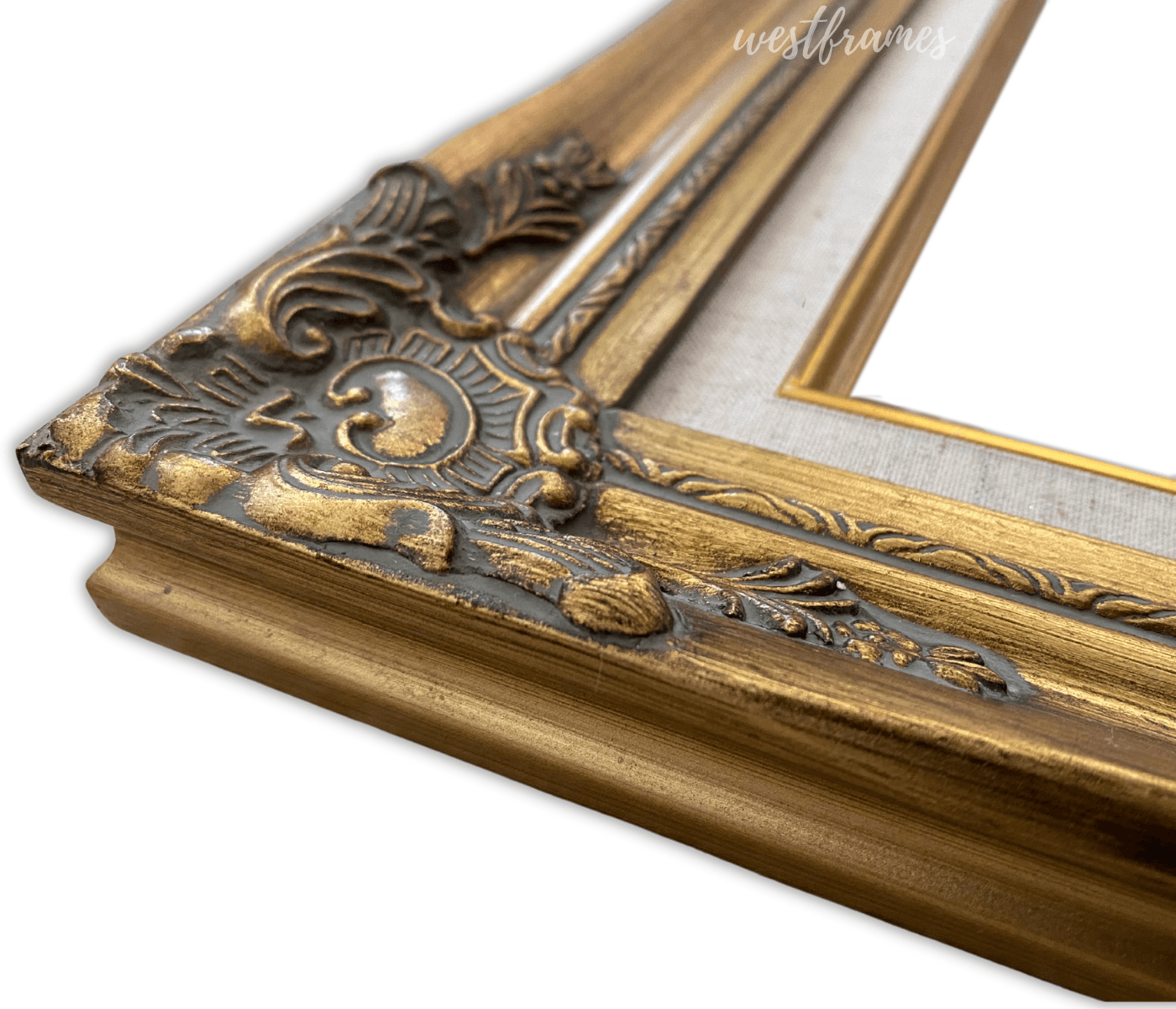 Daisy Antique Gold Leaf Wood French Baroque Picture Frame with Natural Linen Liner - West Frames