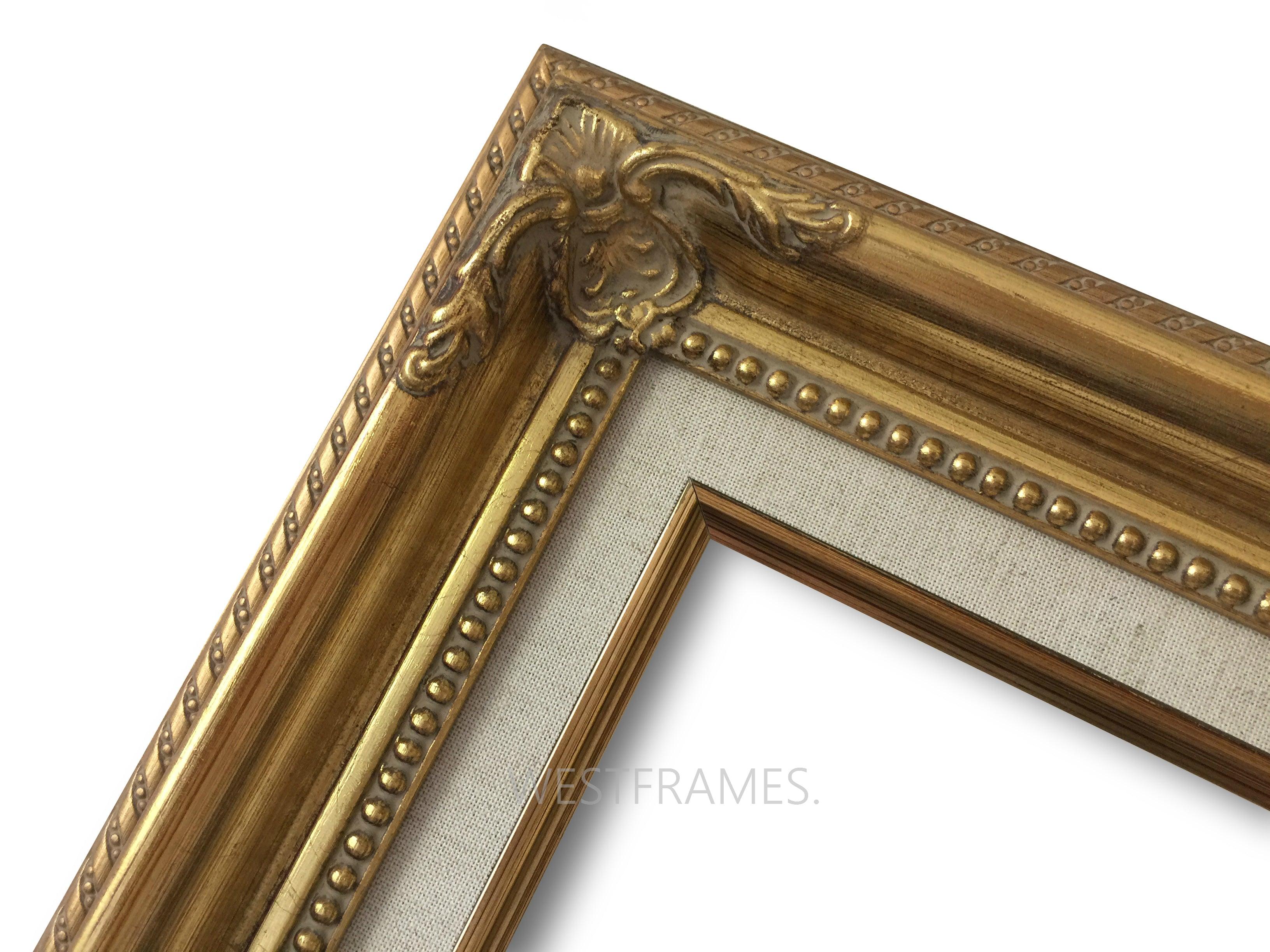 Estelle Antique Gold Leaf Wood French Baroque Picture Frame with Natural Linen Liner - West Frames