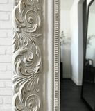 Bella French Ornate Embossed Antique White Wood Framed Floor Mirror - West Frames