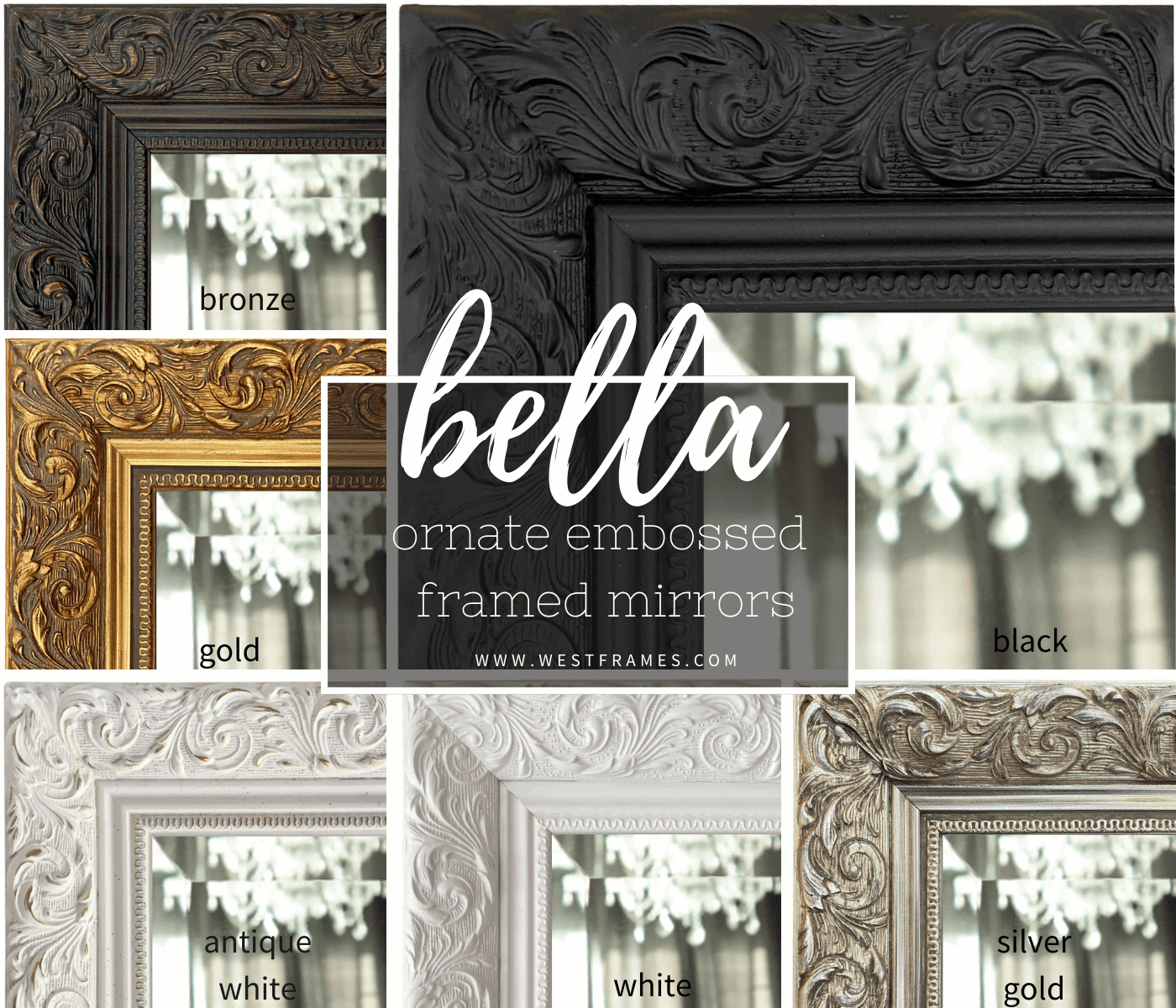Bella French Ornate Embossed Framed Wall Mirror Vintage Black - West Frames