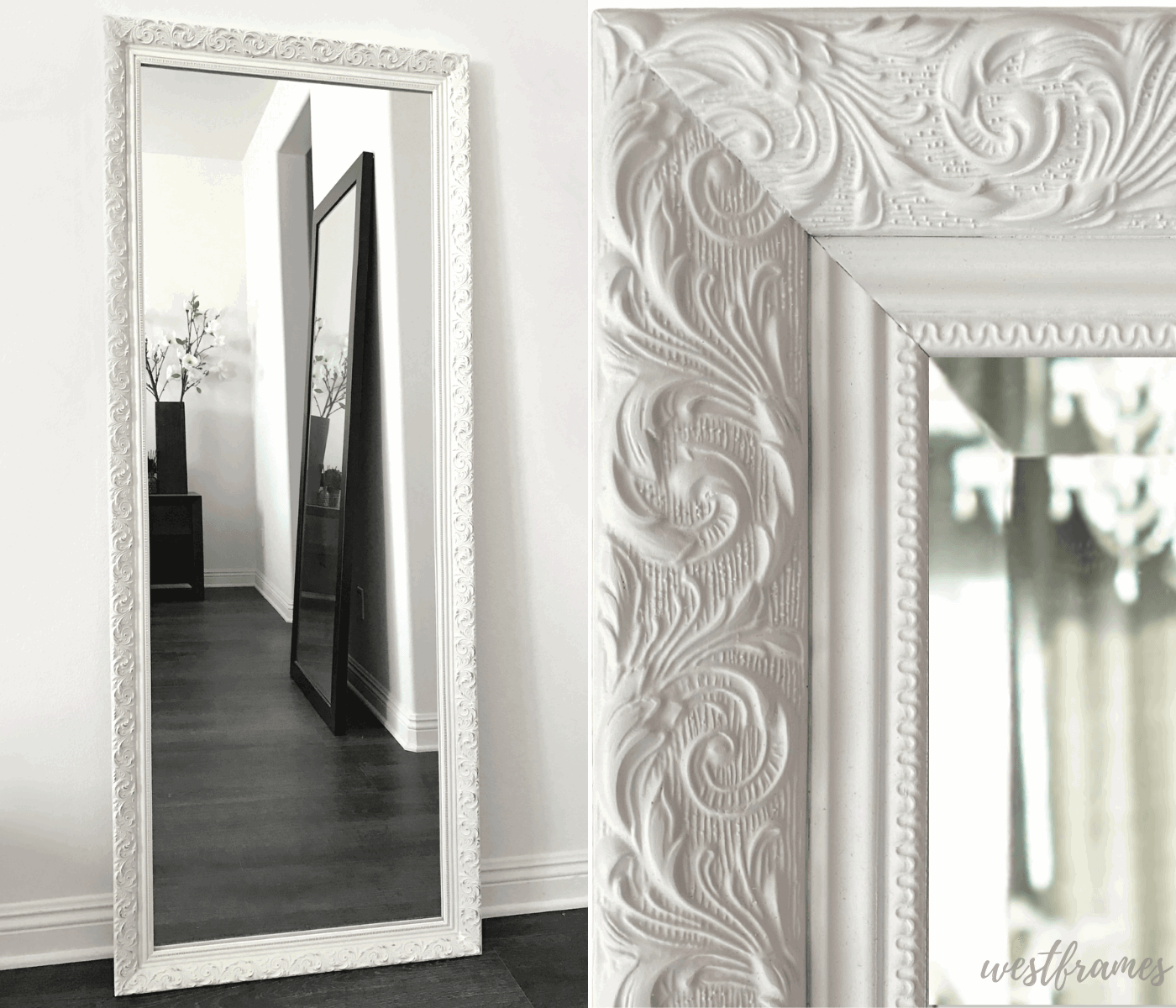 Bella French Ornate Embossed Wood Framed Floor Mirror Shabby White - West Frames