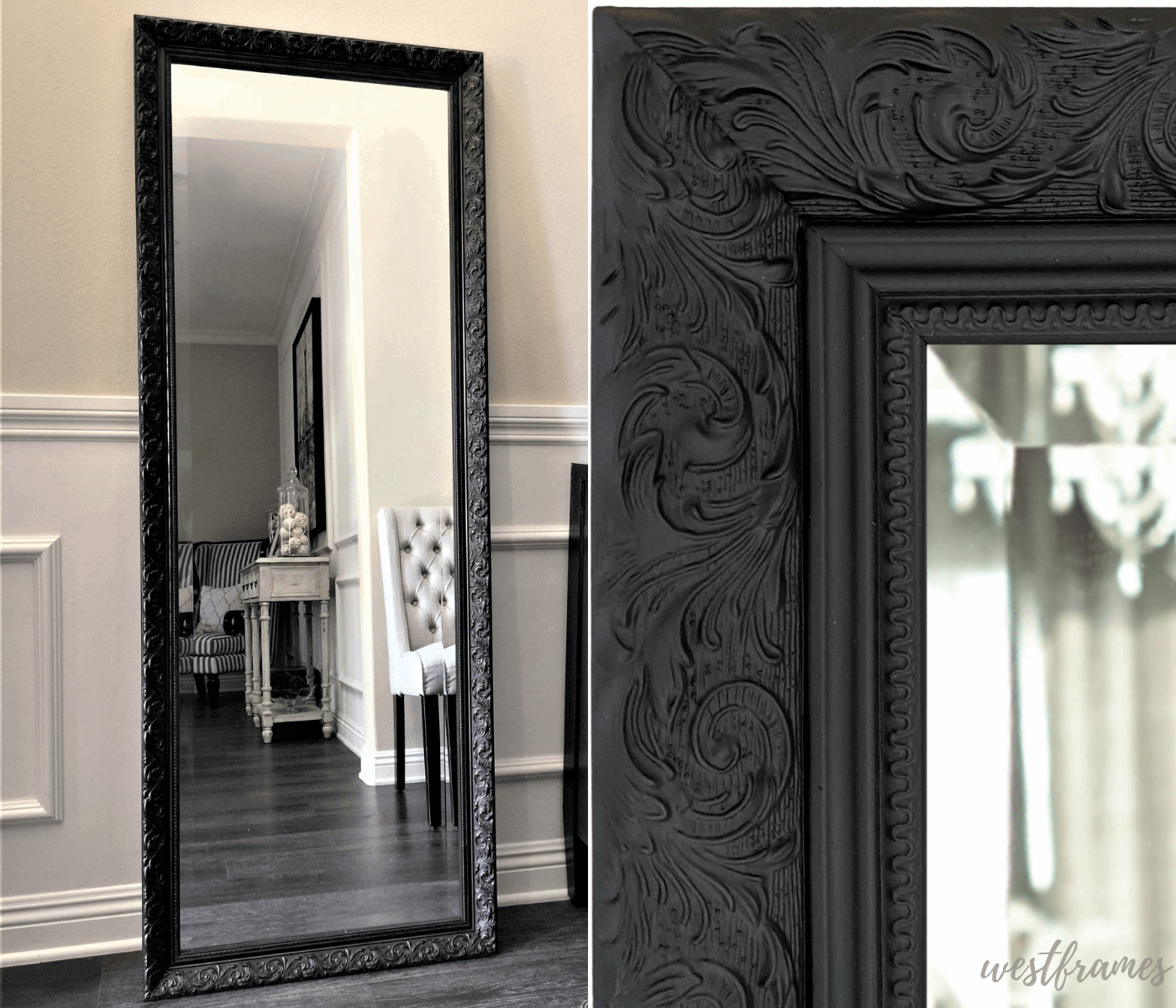 Bella French Ornate Embossed Wood Framed Floor Mirror Vintage Black - West Frames