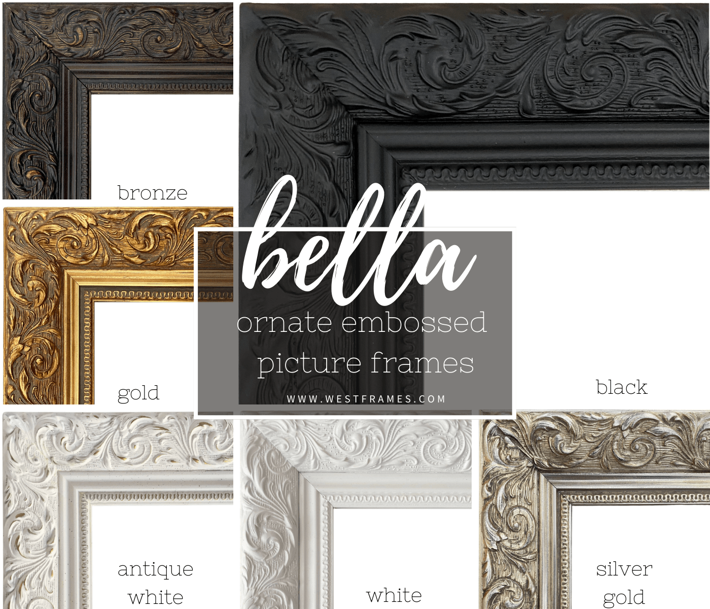 Bella French Ornate Embossed Wood Picture Frame Antique Silver Gold 2.5" Wide - West Frames