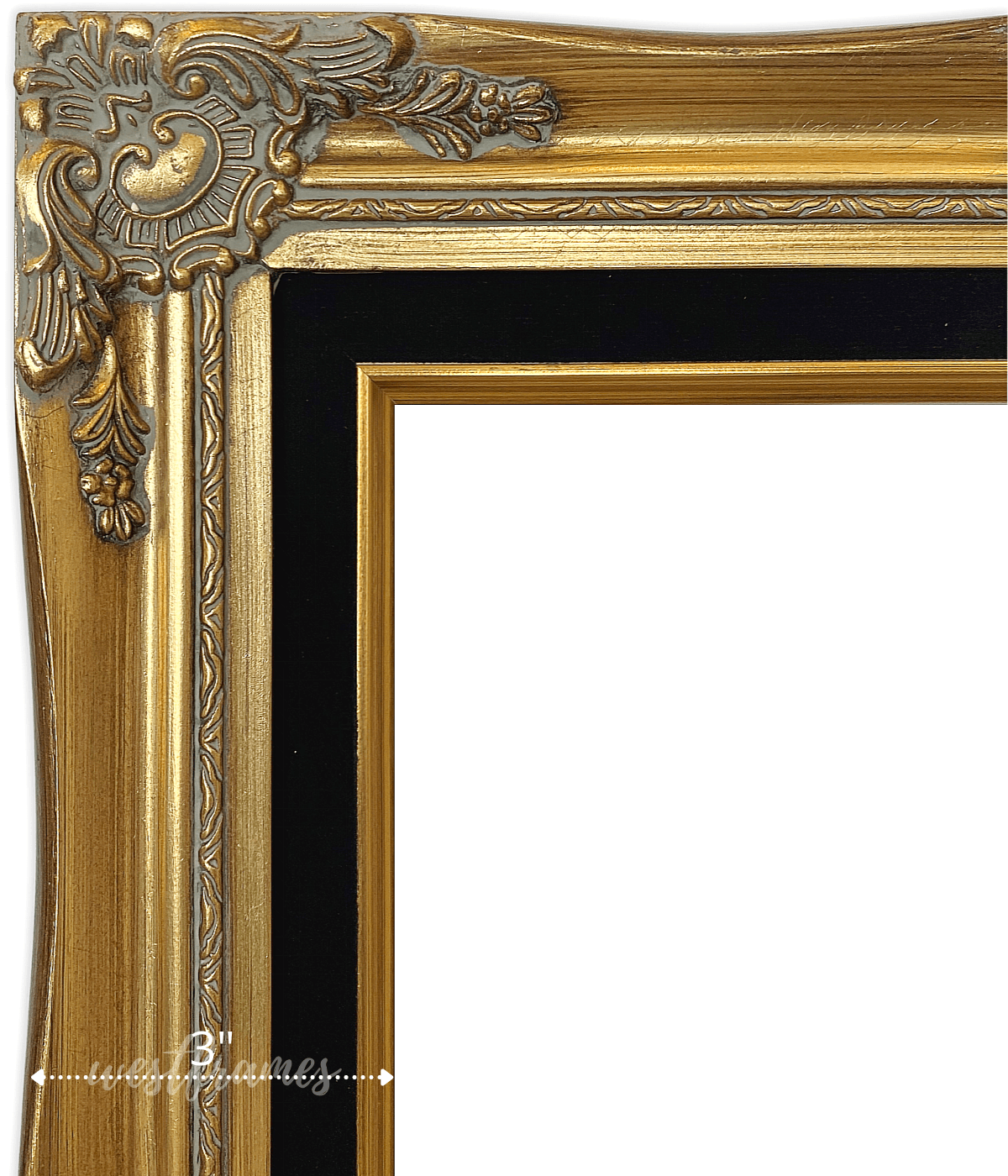 Daisy Antique Gold Leaf Wood French Baroque Picture Frame with Black Velveteen Liner 3" Wide - West Frames