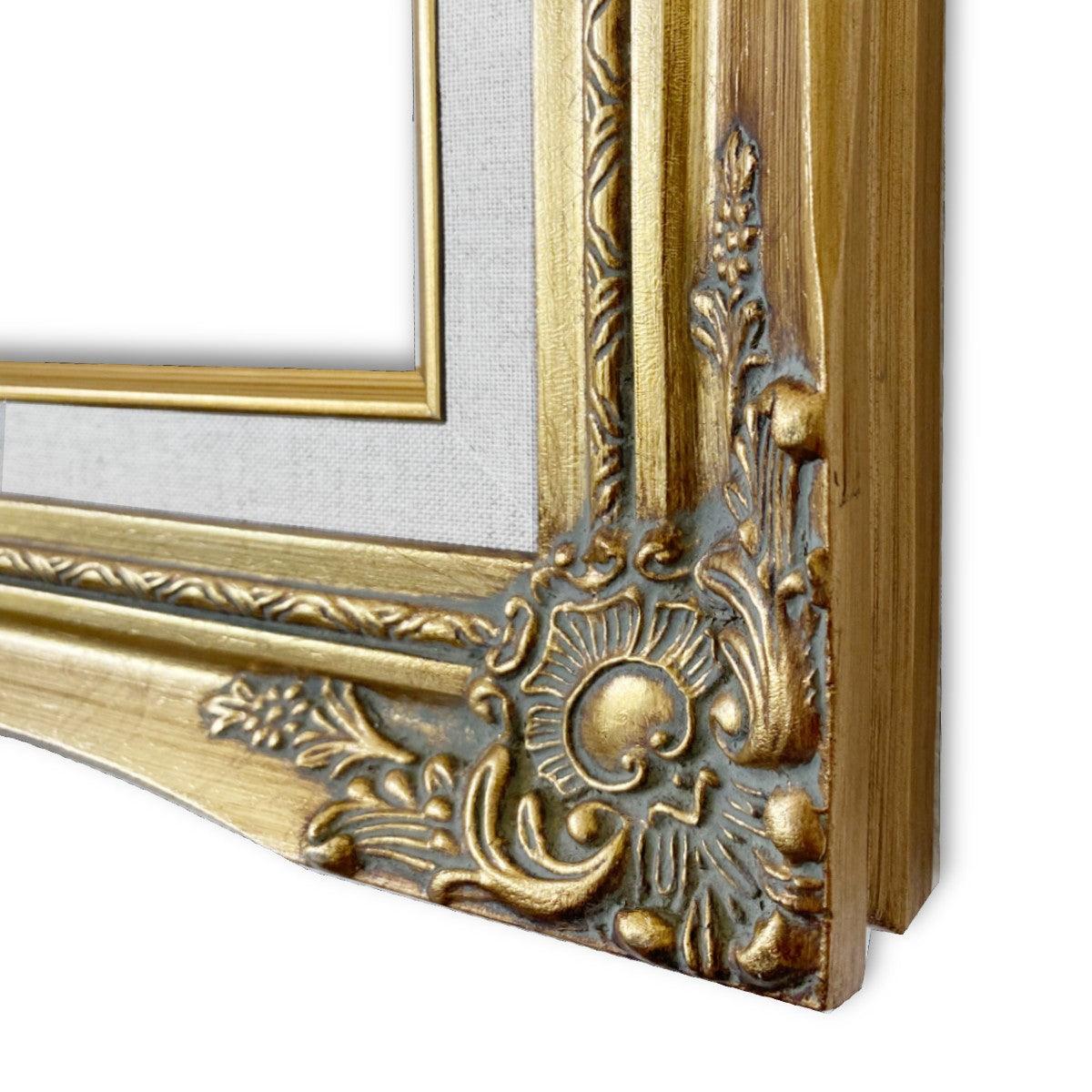 Daisy Antique Gold Leaf Wood French Baroque Picture Frame with Natural Linen Liner 3" Wide - West Frames
