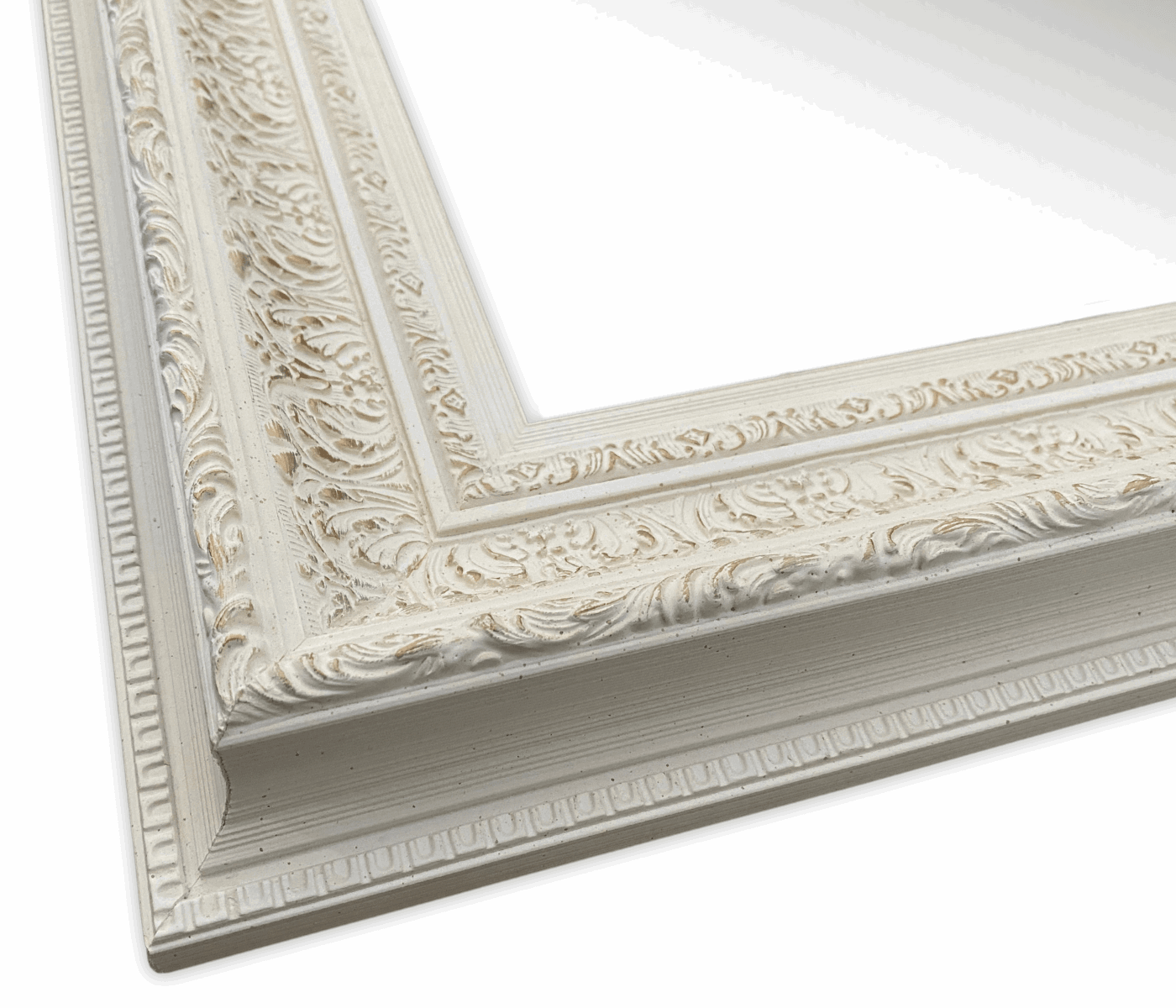 Elegance French Ornate Embossed Antique White Gold Framed Wood Wall Mirror - West Frames