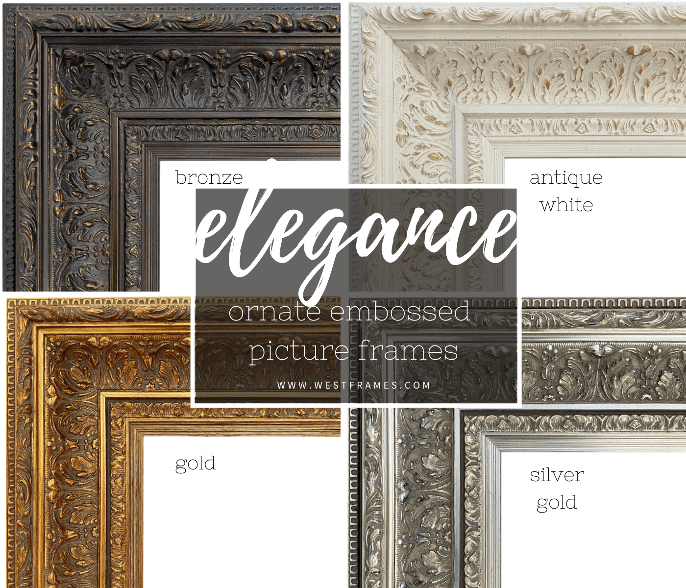 Elegance French Ornate Embossed Wood Picture Frame Antique White Gold 3.75" Wide - West Frames
