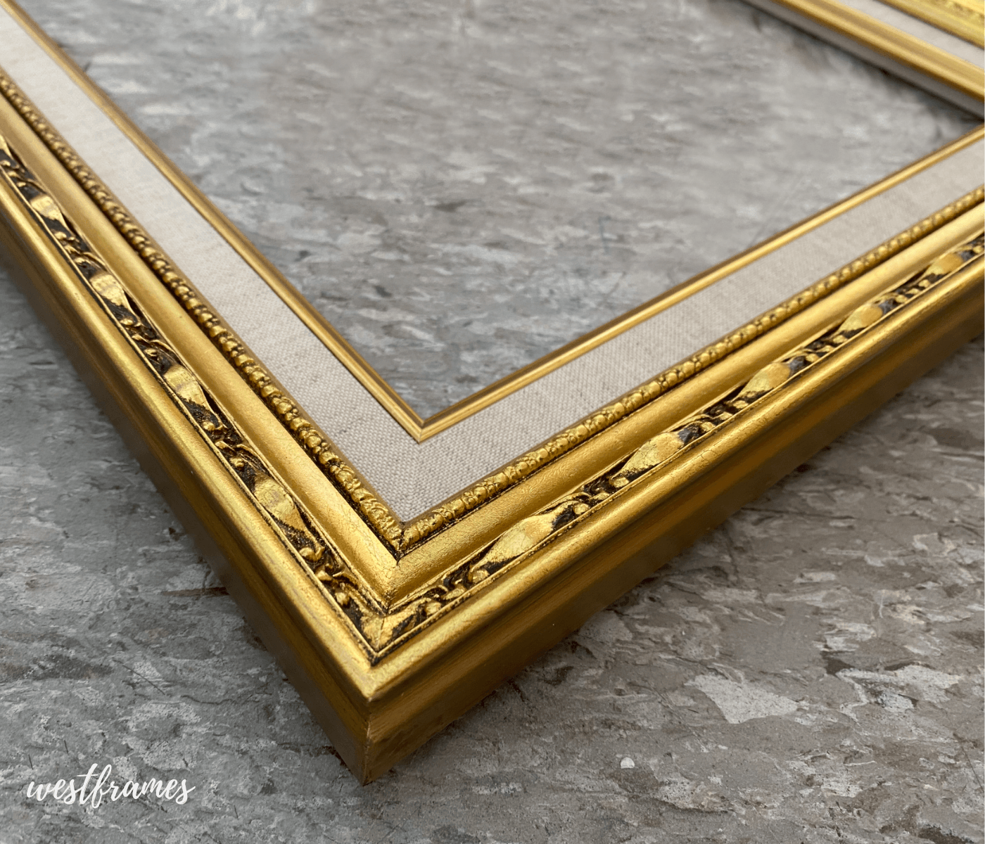 Lulu Antique Gold Leaf Wood Ornate Baroque Picture Frame with Natural Linen Liner 2.5" Wide - West Frames