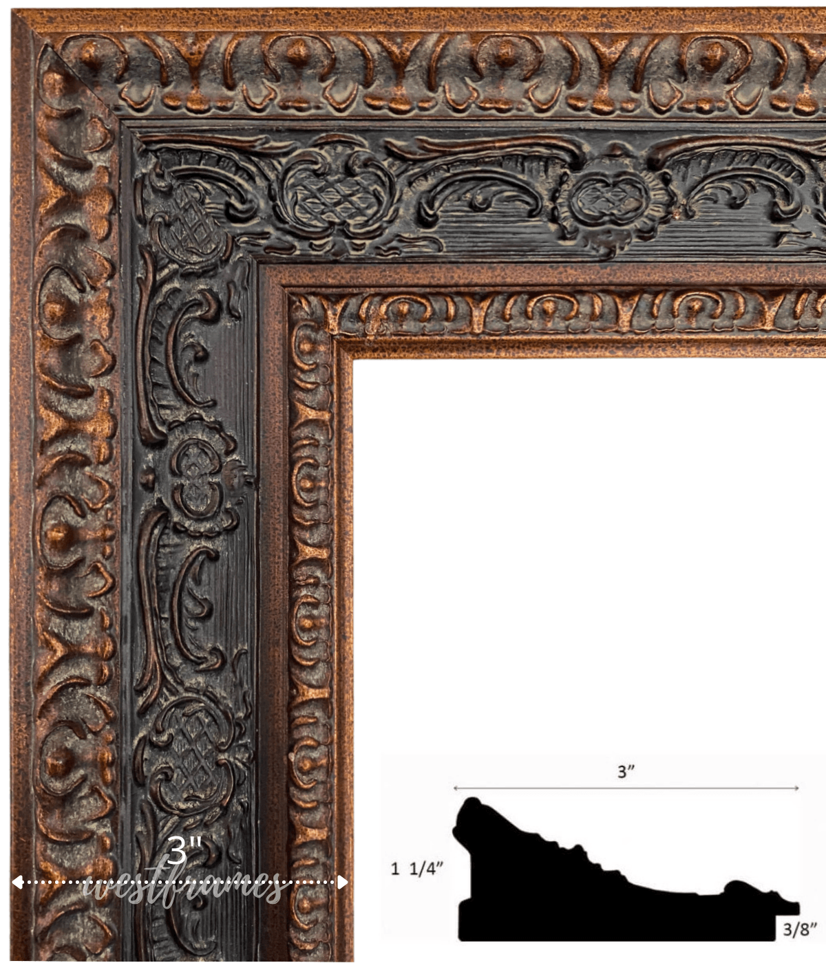 Parisienne Ornate Embossed Wood Picture Frame Antique Bronze Black Patina Finish 3" Wide - West Frames