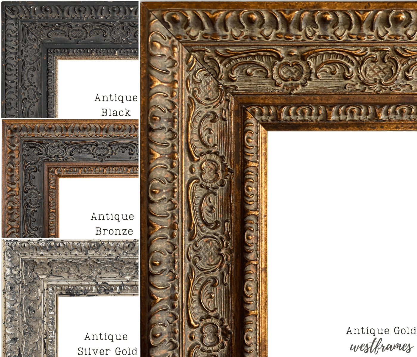 Parisienne Ornate Embossed Wood Picture Frame Antique Gold Patina Finish 3" Wide - West Frames